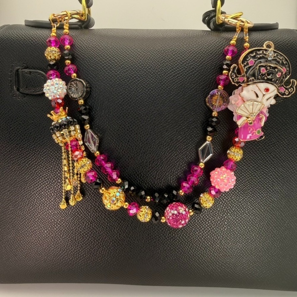 Chinese Opera Purse Chain Bag Charm Crystal Beaded Pink Black Gold Rhinestone